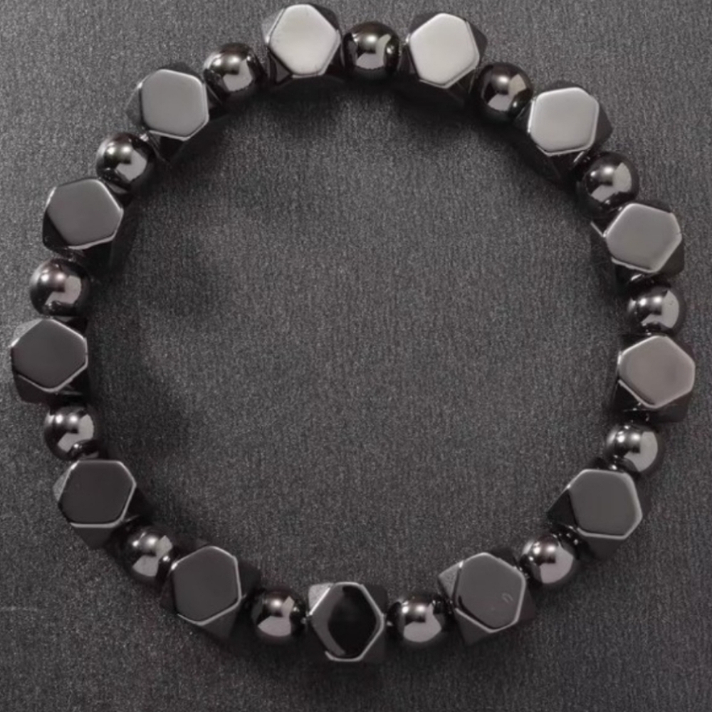 Hematite Stone Geometric Beaded Bracelet 6"-7" - Picture 3 of 4